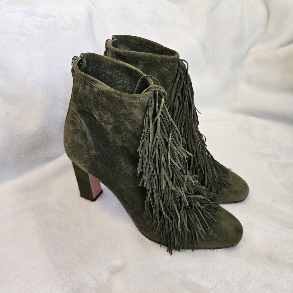 Aquazzura Gytane Fringed Suede Ankle Boots- Olive Green